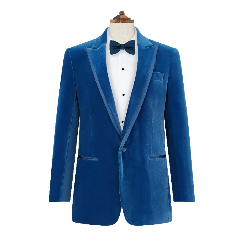 Balinteer Blue Velvet Jacket Welt Pockets Slit Pockets Flap Pockets
