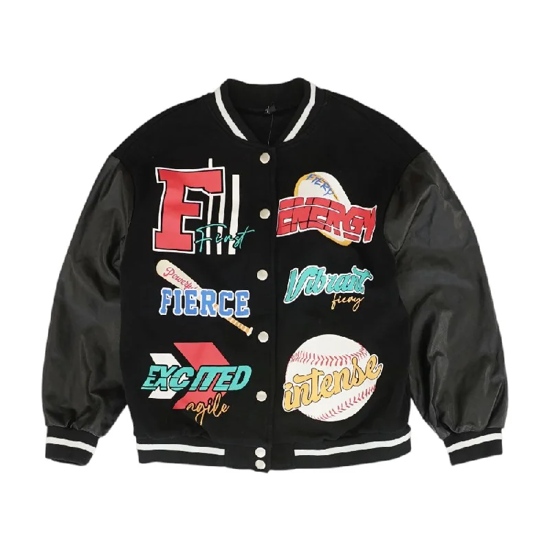 Black Graphic Varsity Jacket Wool Fabric Cashmere Fabric Tweed Fabric