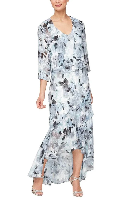 Alex Evenings 8175936 - Floral Chiffon Dress with Jacket Faux Fur Fabric Real Fur Fabric Shearling Fabric