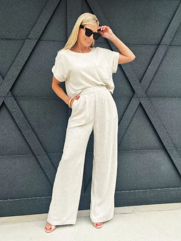High Waisted Pleated Linen Pants In Oatmeal Trendy Printed Pants