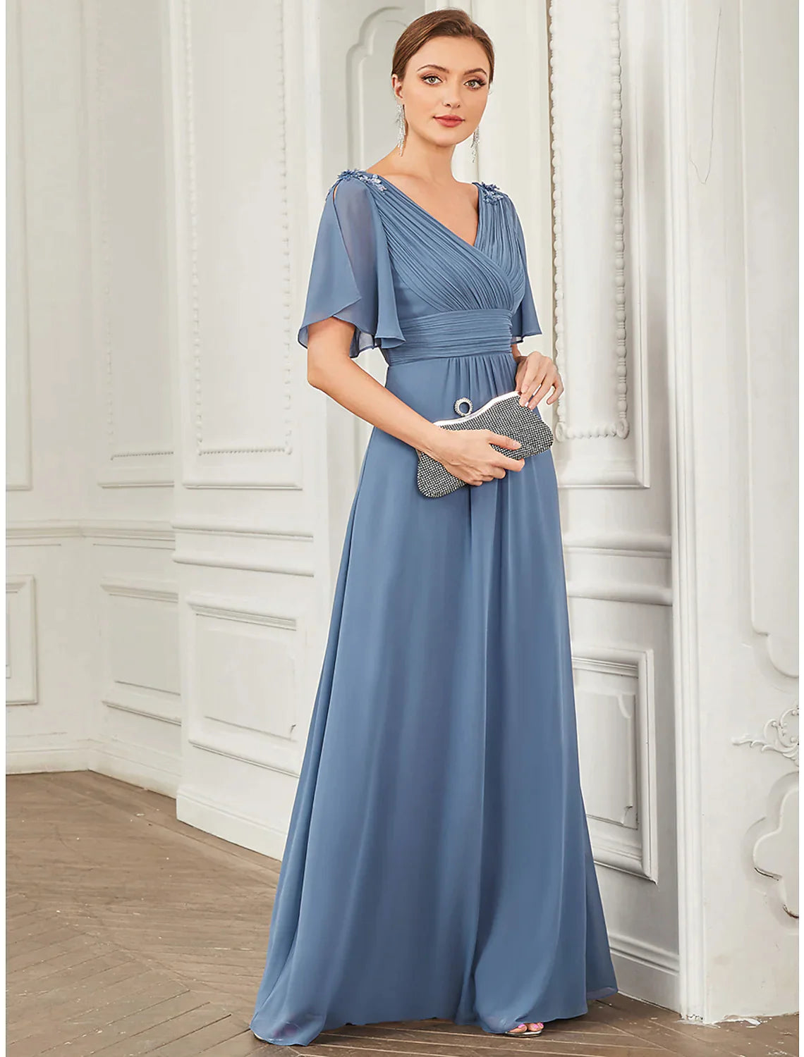 A-Line Prom Dresses Party Dress Wedding Guest Floor Length Short Sleeve V Neck Chiffon with Ruched Appliques Tunics Hiking breathable A-Line Prom Dresses Party Dress Wedding Guest Floor Length Short Sleeve V Neck Chiffon with Ruched Appliques Tunics Hiking breathable