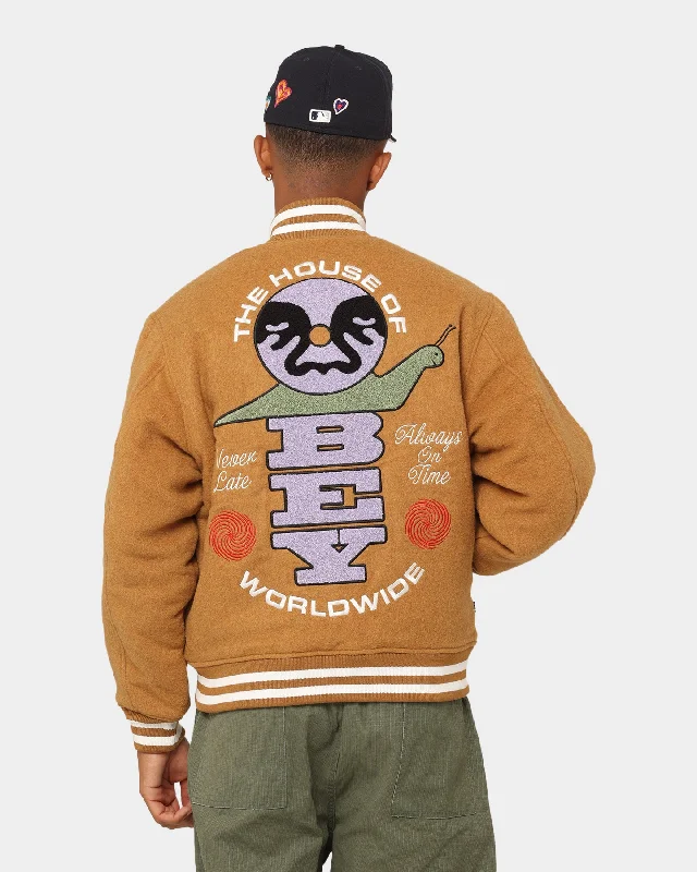 Obey Time Varsity Jacket Brown Toggled Jacket Drawstring Jacket Belted Jacket