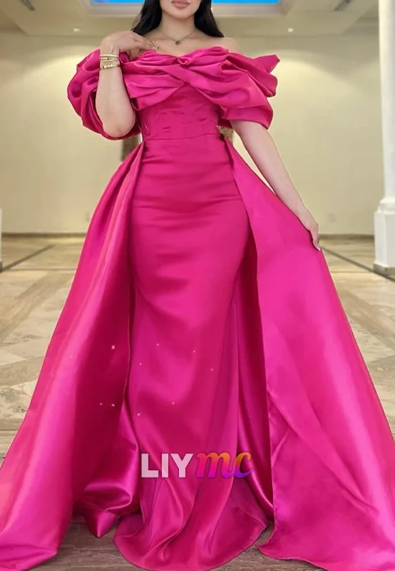 Off-Shoulder Strapless Pleated Satin Prom Dress Sheath Party Dress Crew Neckline Sporty Off-Shoulder Strapless Pleated Satin Prom Dress Sheath Party Dress Crew Neckline Sporty