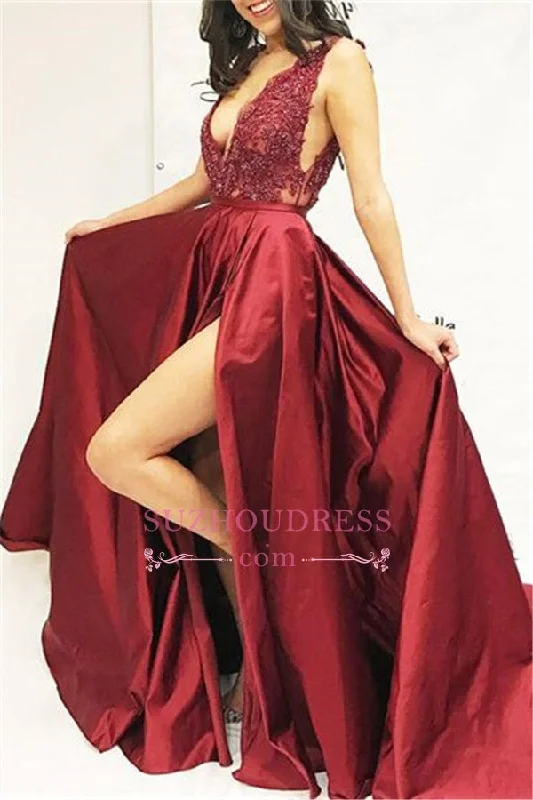 Sexy V-Neck Appliques Slit Prom Dresses | Burgundy Sleeveless A-Line Party Dresses Tunics Review highly Sexy V-Neck Appliques Slit Prom Dresses | Burgundy Sleeveless A-Line Party Dresses Tunics Review highly