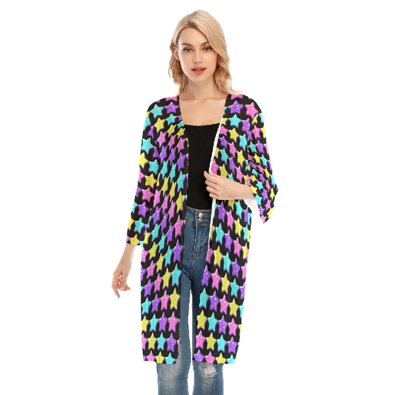 Electric Star Wave Black V-neck Mesh Cardigan Stylish Fashionable Trendy