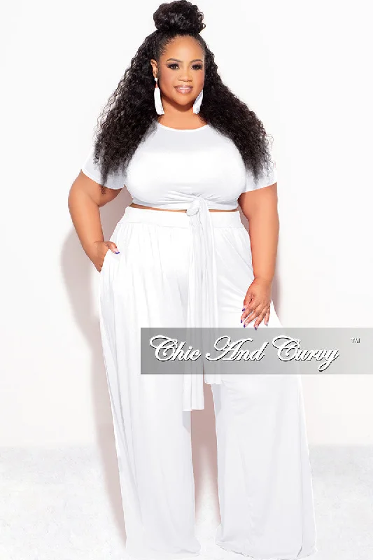 Final Sale Plus Size 2pc Short Sleeve Tie Top and Pants Set in White Soft Stretch Pants