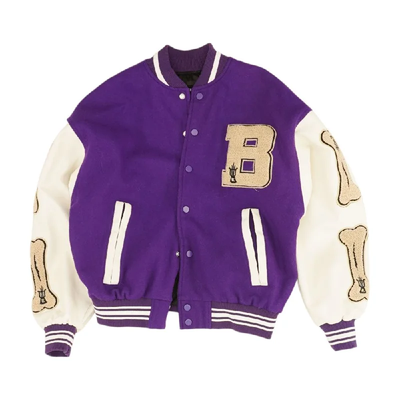 Purple Embroidery Detail Varsity Jacket Front Pockets Side Pockets Patch Pockets