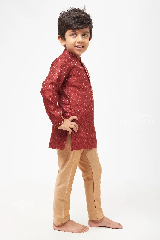 Boys Elegant Butta Printed Maroon Kurta with Beige Pant Set Cozy Maternity Pants