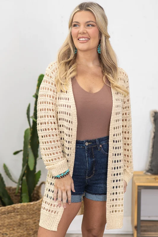Beige Crochet Mid Length Cardigan Wool Fabric Cashmere Fabric Tweed Fabric