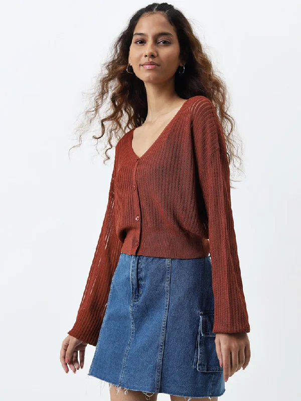 Nuon Light Brown Self-Striped Cardigan Fleece Cardigan Nylon Polyester