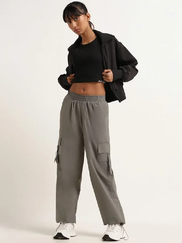 Studiofit Grey Mid Rise Cotton Cargo Pants Wide-Legged Palazzos