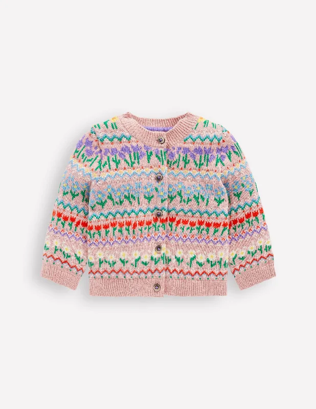 Edie Fair Isle Cardigan-Bubblegum Pink Flowers Patchwork Embroidered Appliqued