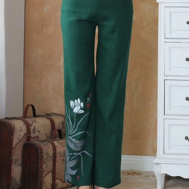 Lotus Print Signature Cotton Chinese Style Women's Pants Modern Stretch Trousers