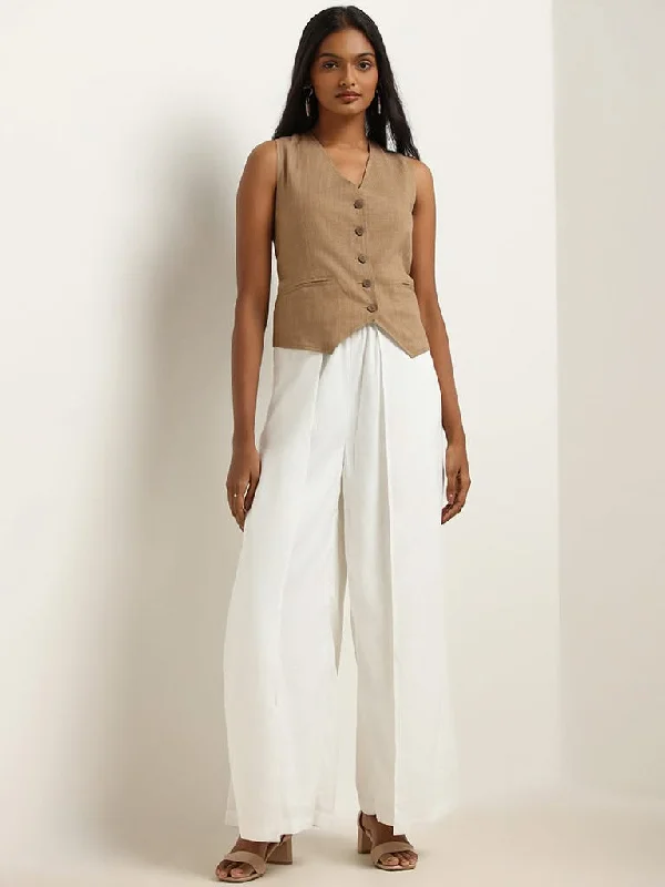 LOV White Tie up Cotton Wide Leg Pants Relaxed Lounge Trousers