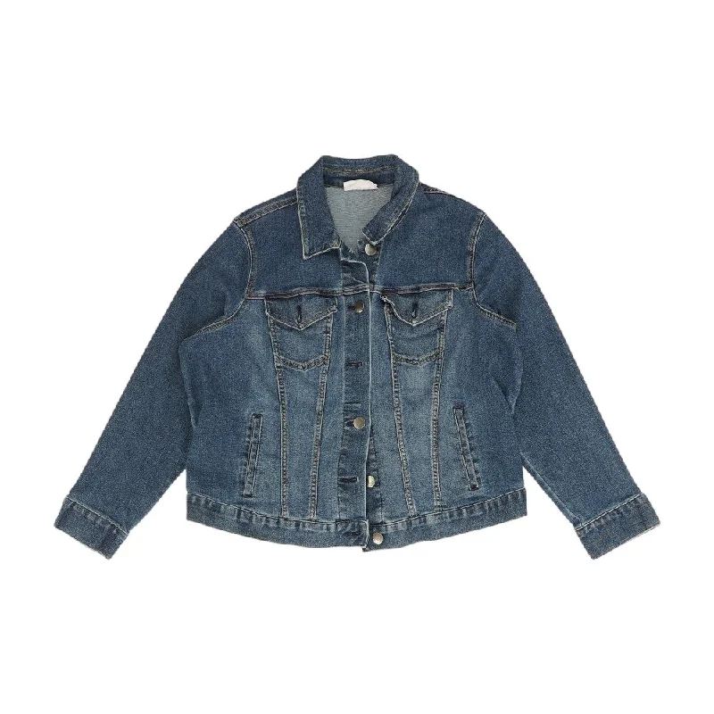 Blue Solid Denim Jacket Boat Neck Shawl Collar Notched Collar