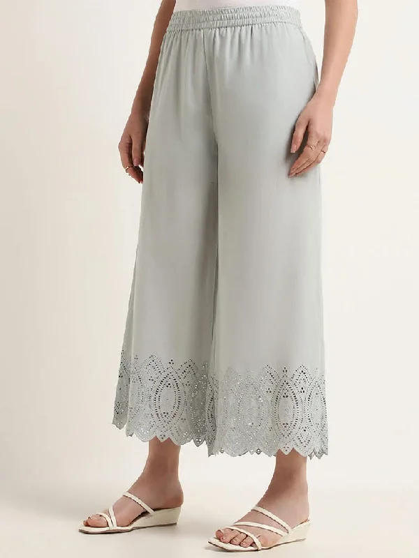 Zuba Dusty Blue Schiffile Pattern Cotton Straight Pants Casual Sweatpants Style
