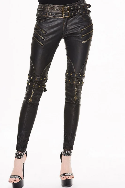 Brown Leather Metal Eyelets Belt Metal Buckle Leg Loop Hand-Rubbed Women's Punk Pants Relaxed Casual Leggings