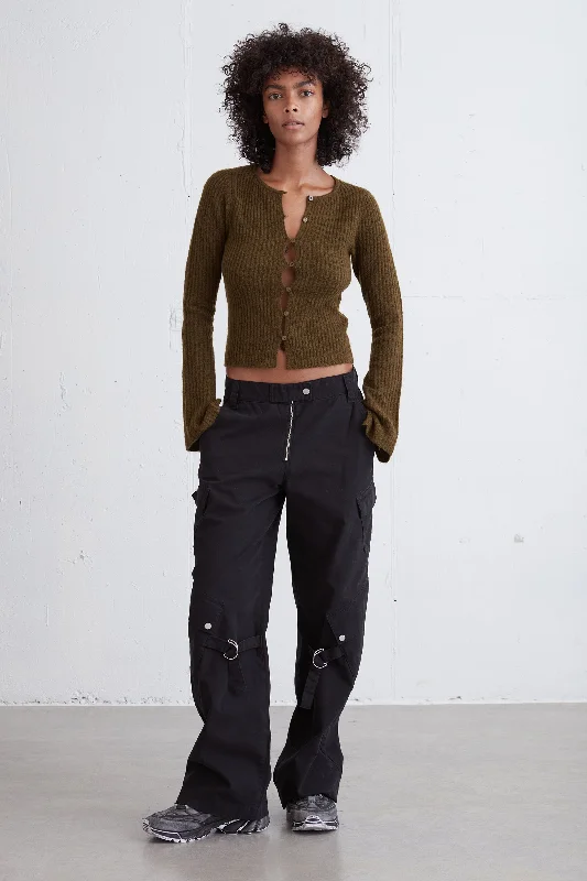 RIBBED BUTTON FRONT CARDIGAN Embroidered Appliqued Beaded