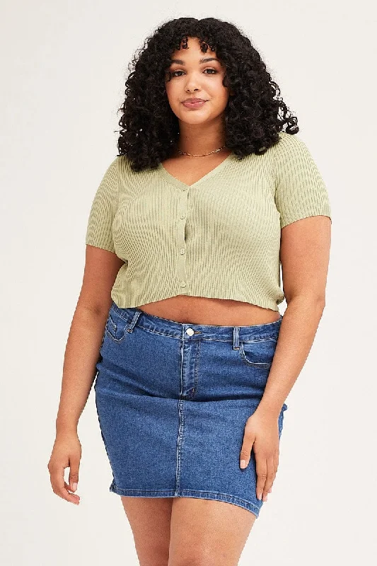 Green Cardigan Short Sleeve Ribbed Crop Knit Soft Cozy Warm