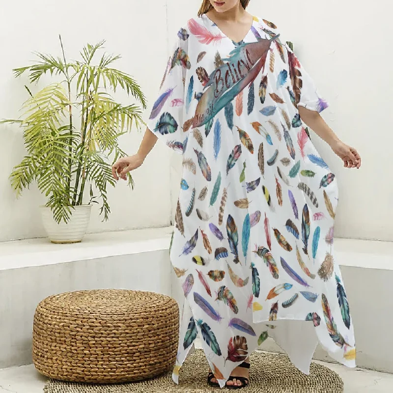BELIEVE Feather Print Imitation Silk Robe / Long Swimsuit Coverup Playful Pattern Swimsuit BELIEVE Feather Print Imitation Silk Robe / Long Swimsuit Coverup Playful Pattern Swimsuit