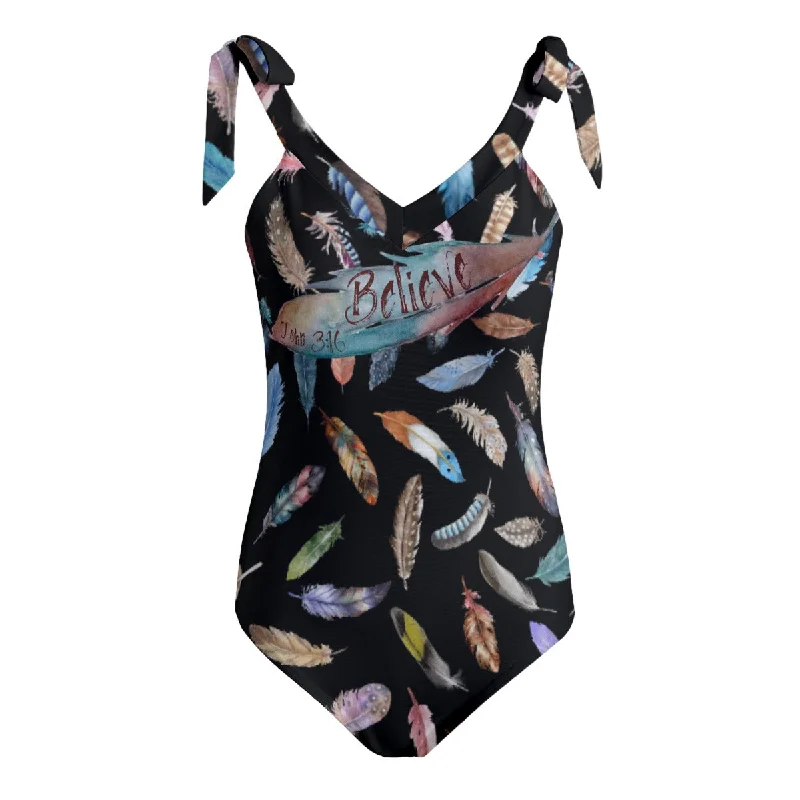 BELIEVE John 3:16 Black Feather Print Tie Shoulder One-Piece Padded Swimsuit Chic Swimsuit Cover-Up BELIEVE John 3:16 Black Feather Print Tie Shoulder One-Piece Padded Swimsuit Chic Swimsuit Cover-Up
