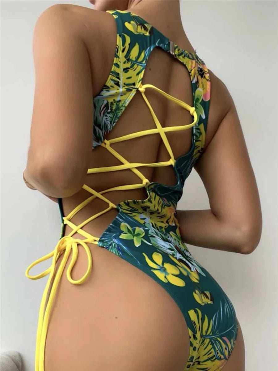 Chic Lace-Up Backless Swimsuit Swimsuit with Skirt