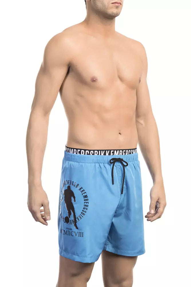 Bikkembergs Light Blue Polyester Men Swim Short Tropical Print One-Piece