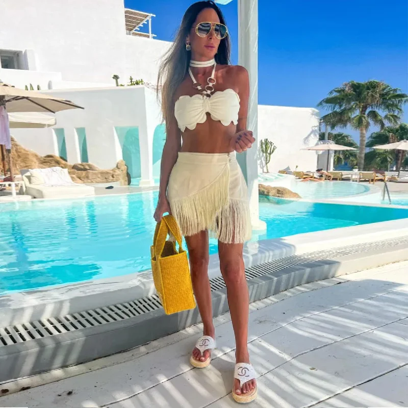 Coat Skirt Two Piece Split Swimsuit for Women Solid Color High-Cut One-Piece