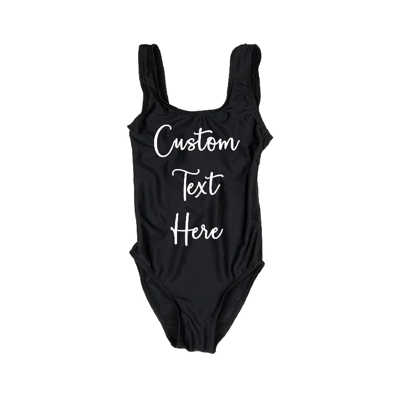 Custom Text Black Kids/ Youth One Piece Swimsuit Sporty Swimwear Bottoms