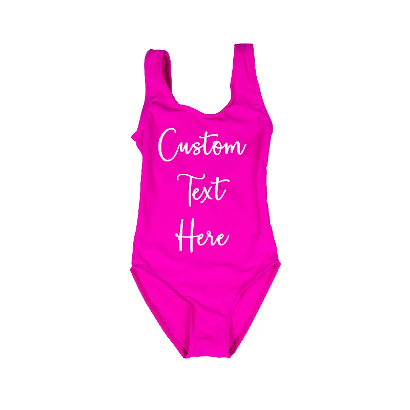 Custom Text Bright Pink Kids/ Youth One Piece Swimsuit Beachy Ruffle Bikini