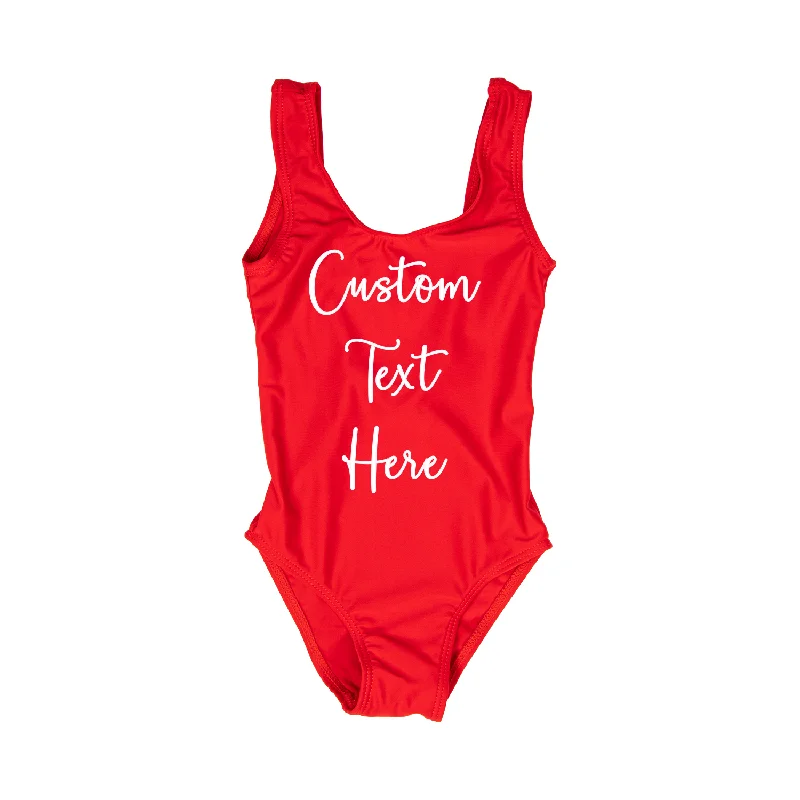Custom Text Red Youth/ Kids One Piece Swimsuit Mesh Swimsuit Top