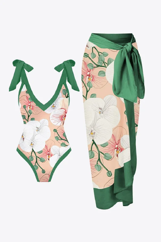 Floral V-Neck Two-Piece Swim Set Mesh Swimsuit Top
