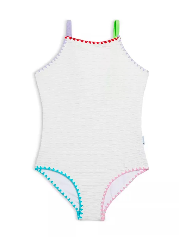 Embroidered Trim One Piece Swimsuit - White Floral Swimwear Set