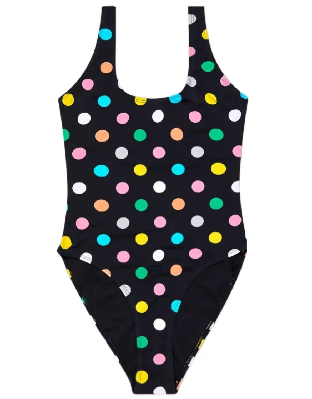 HAPPY SOCKS Women's Black Big Dot Round Neck One-Piece Swimsuit NWT Push-Up Bikini Top HAPPY SOCKS Women's Black Big Dot Round Neck One-Piece Swimsuit NWT Push-Up Bikini Top