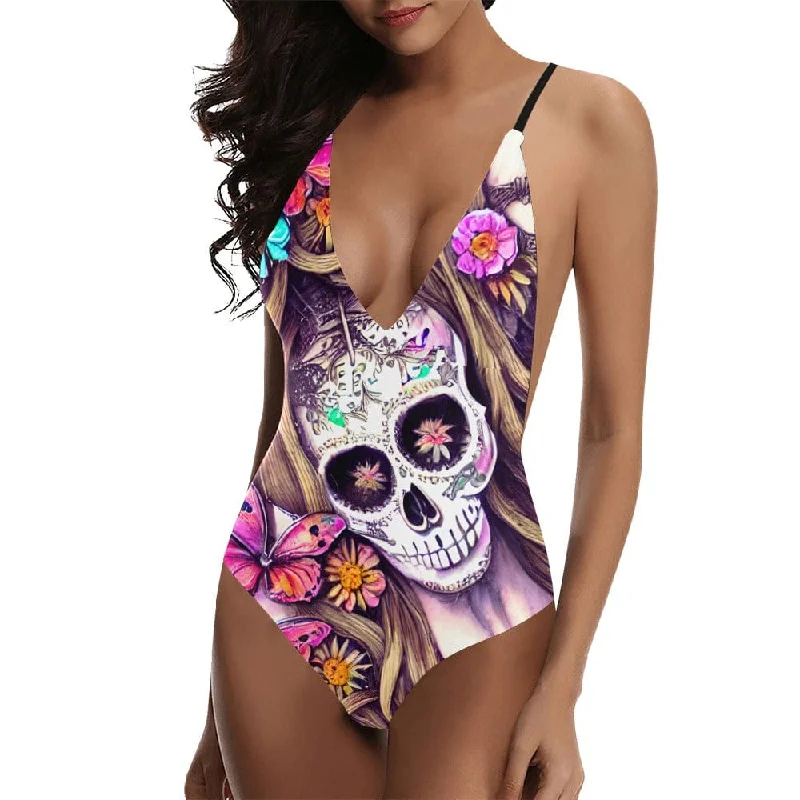 Look Daring & Feel Confident With This Stylish Strappy Skull Floral Deep Back One-Piece Swimsuit Bold Color Swimsuit