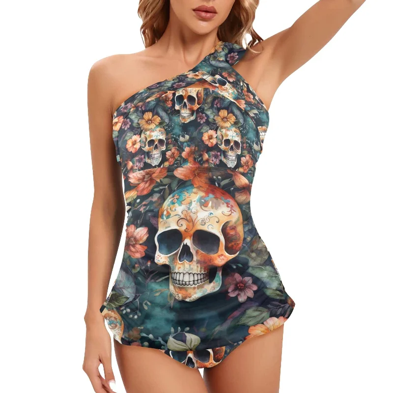 Look Flawless In This Skull & Orange Floral One Piece Women's One Shoulder Backless Swimsuit Plunge Back Swimsuit