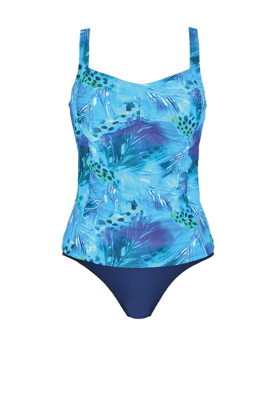Naturana Abstract Floral Print Tankini Set, Blue Multi Beachy Ruffle Bikini