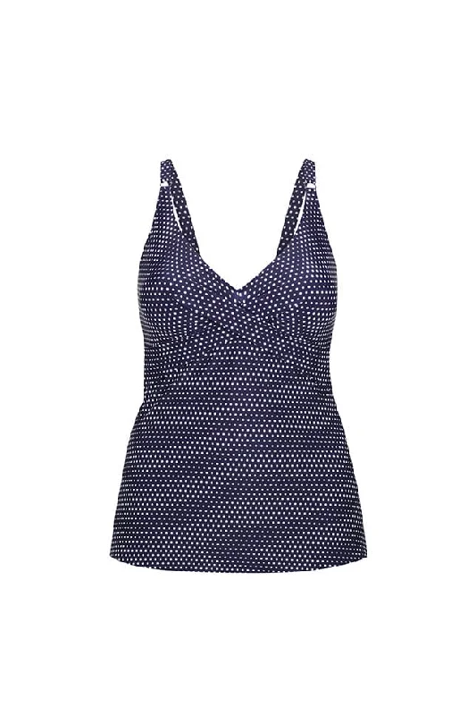 Navy and White Dots Cross Front Swing Tankini Top V-Neck Swim Dress