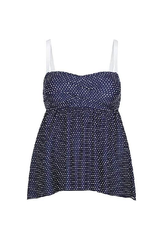 Navy & White Dots Swing Bandeau Tankini Top Beachy Ruffle Bikini