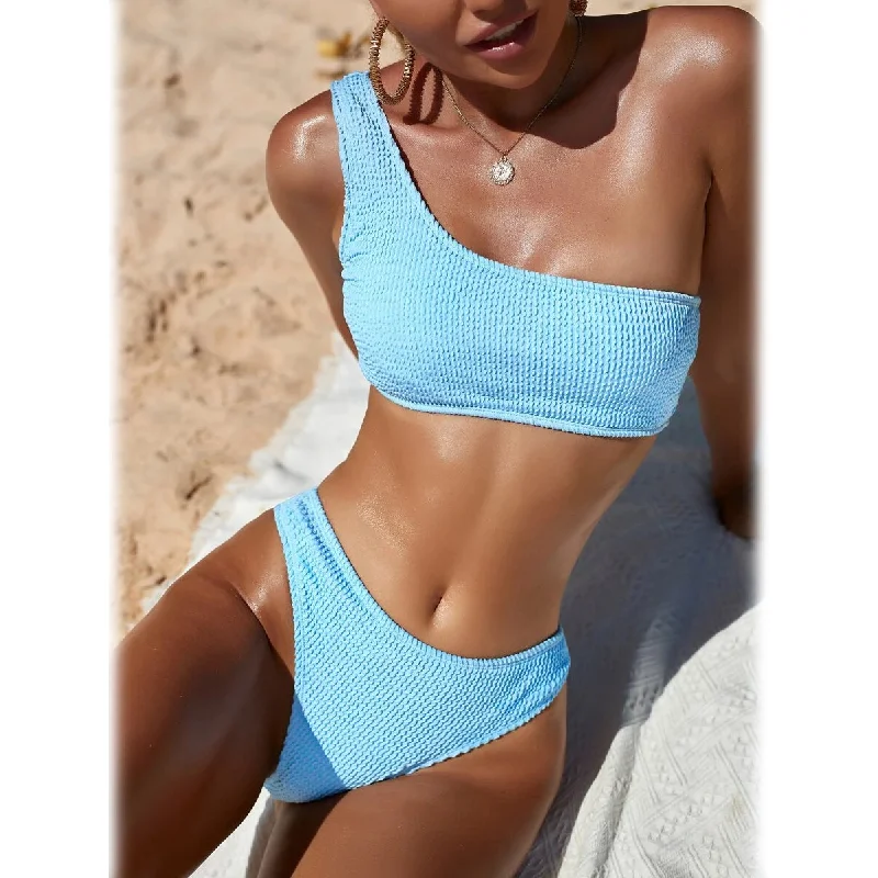 Plain One Shoulder Bikini Swimsuit Tropical Print Bikini