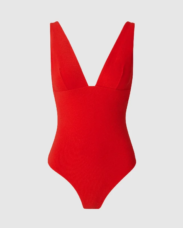 Plunge Swimsuit Papaya Red Sporty Racerback Swimsuit
