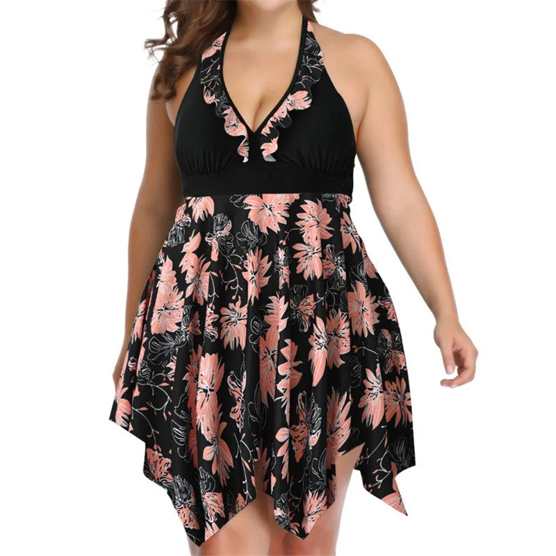Plus Size Cream Color lace print two-piece half skirt swimsuit Swim Skirt Set