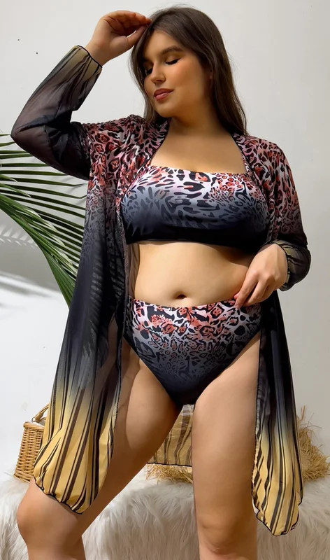 Plus Size Gradient Color Leopard Printing 3piece Swimsuit Multicolor Push-Up Bikini Bottoms