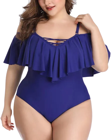 Plus Size Swimwear Blue Color Ruffled One-piece Set Off-the-shoulder Chic Bikini Set Plus Size Swimwear Blue Color Ruffled One-piece Set Off-the-shoulder Chic Bikini Set