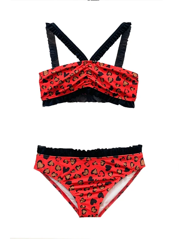 Sardrina Red Leopard Ruffle Bikini Swimsuit Set Adjustable Swim Top