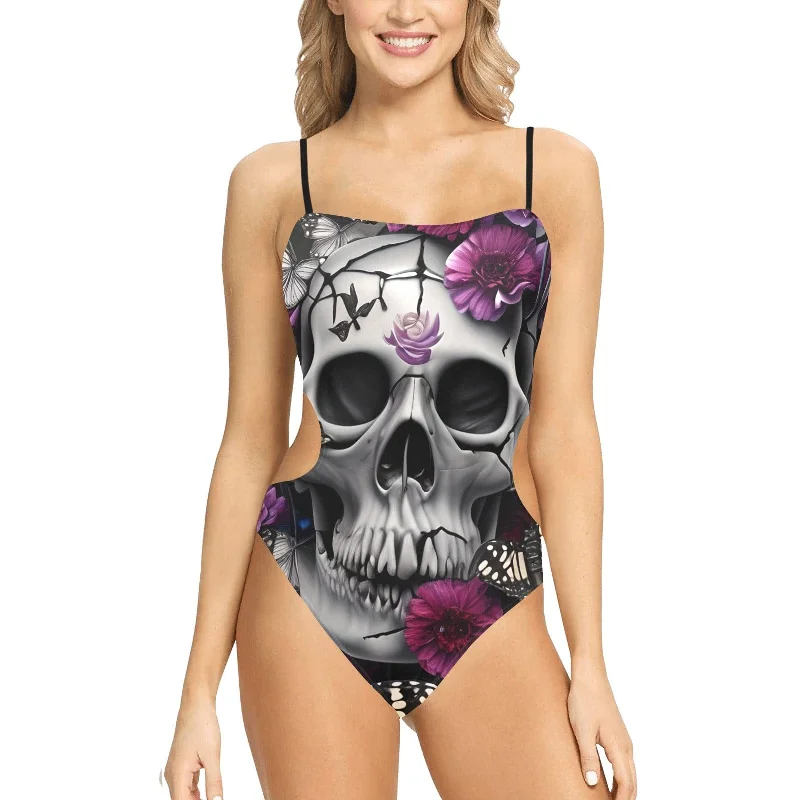 Skull With Butterflies & Purple Flowers Spaghetti Strap Cut Out Sides Swimsuit Vibrant Bikini Design Skull With Butterflies & Purple Flowers Spaghetti Strap Cut Out Sides Swimsuit Vibrant Bikini Design