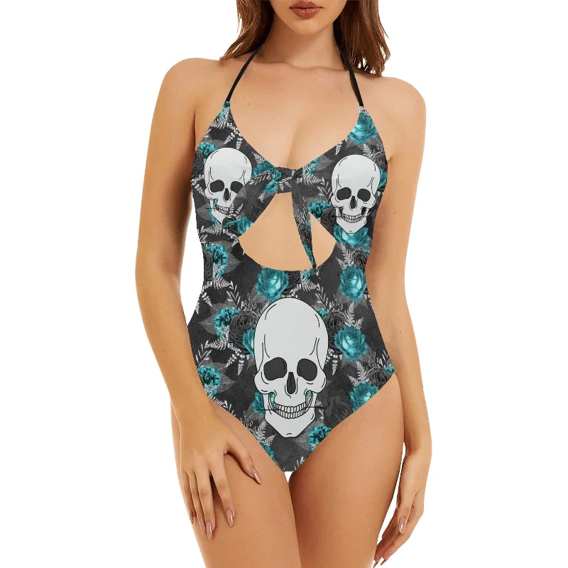 Skull With Rose One Piece Backless Hollow Out Bow Tie Swimsuit Fun Pattern Swimsuit