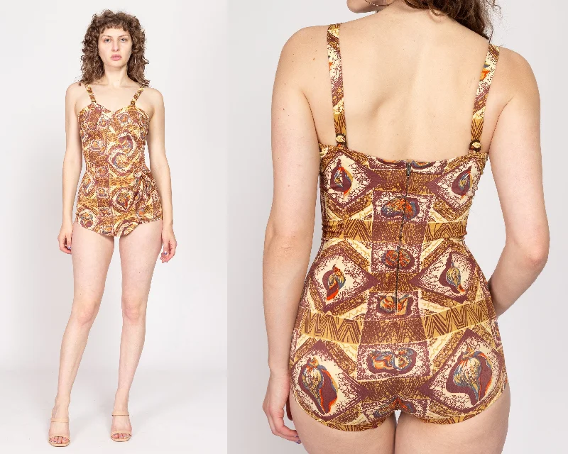 Small 1940s Catalina Seashell Novelty Print One Piece Swimsuit Halter Neck Swimsuit