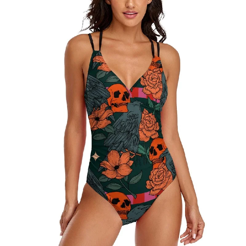 Step Out On the Beach In This Orange Skull Floral One-piece Swimsuit Strap Bikini Set Step Out On the Beach In This Orange Skull Floral One-piece Swimsuit Strap Bikini Set