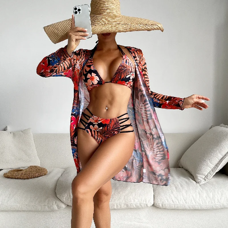 Swimsuit Women Split Three Piece Suit Internet Long Sleeves Printed Bikini Swimsuit Plunge Neckline Swimsuit Swimsuit Women Split Three Piece Suit Internet Long Sleeves Printed Bikini Swimsuit Plunge Neckline Swimsuit